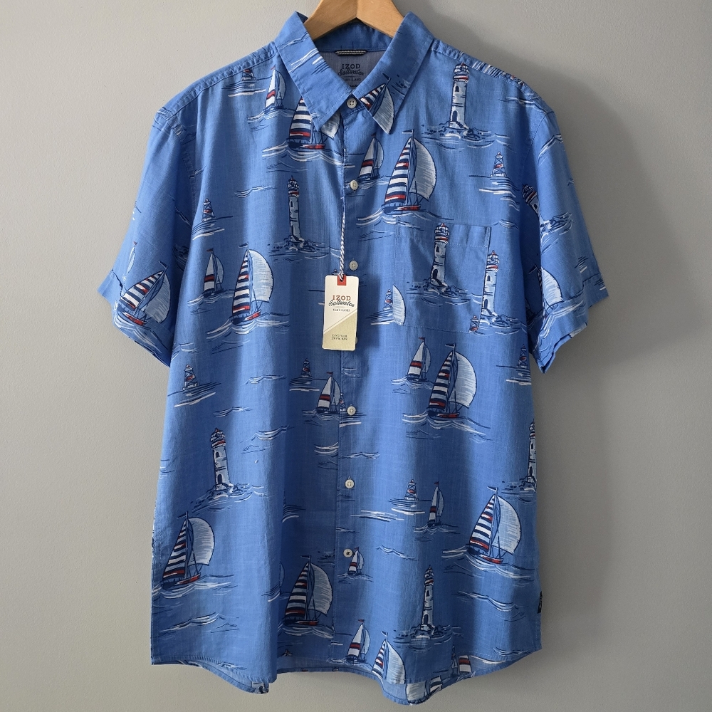 IZOD Men's Cotton Nautical Sailboat Cotton Button Down Shirt Size XL